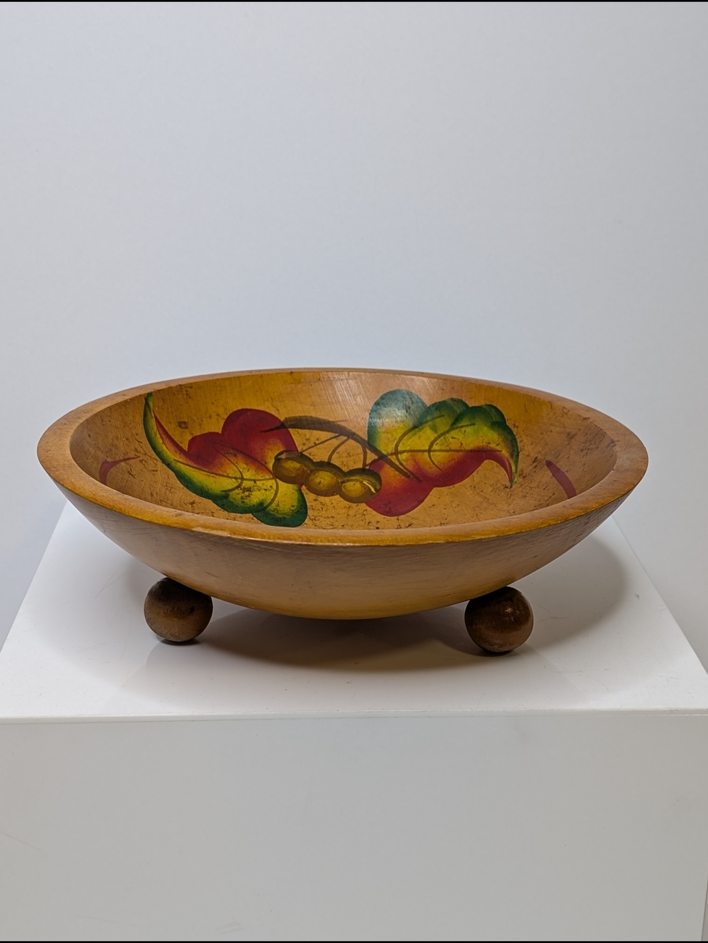 Vintage MCM Turned Ball Foot Hand-painted Acorns Wooden 9" Fruit Bowl